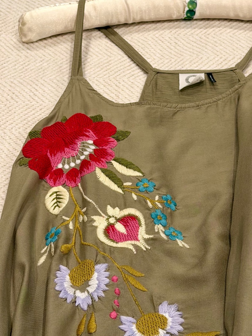 Anthropologie Akemi + Kin Olive Green Floral Embroidered Women's Top
